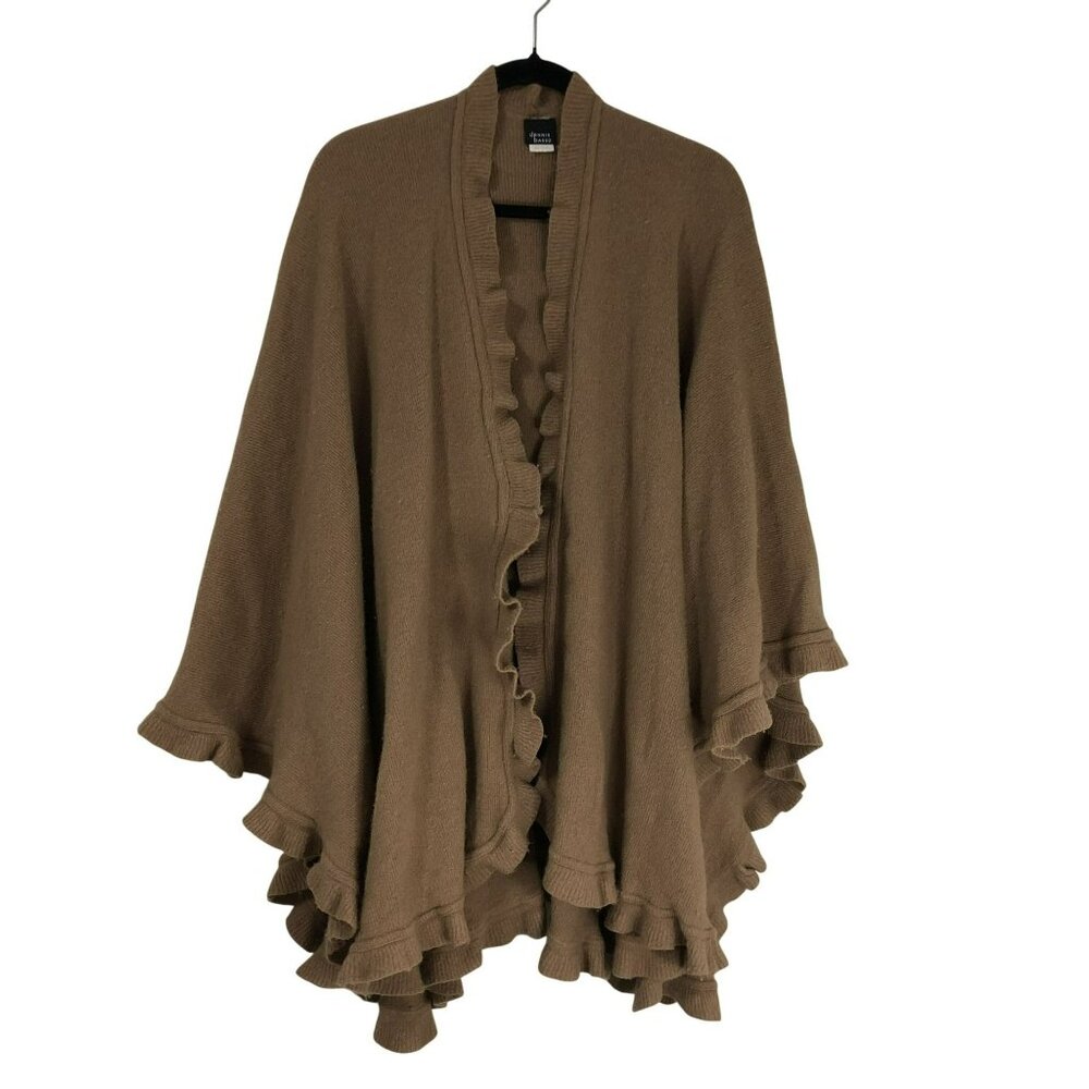 Dennis Basso Ruffled Hem Wool Shawl Wrap Made In Italy Brown
